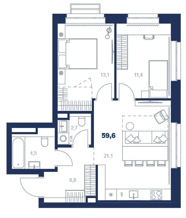 Планировка квартиры №С5.6.2 в проекте Атлас Ауро Дом 5 2-комнатная 59.6 м² 6 этаж
