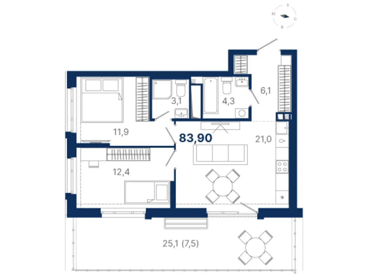 Планировка квартиры №1.3.4 в проекте Атлас Ауро Дом 1 2-комнатная 83.9 м² 3 этаж