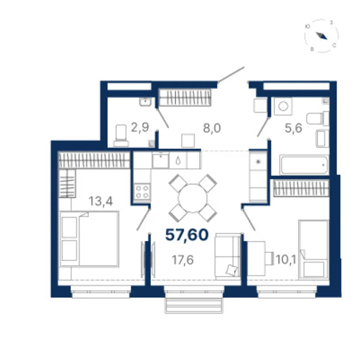 Планировка квартиры №3.2.7 в проекте Атлас Ауро Дом 3 2-комнатная 57.6 м² 2 этаж