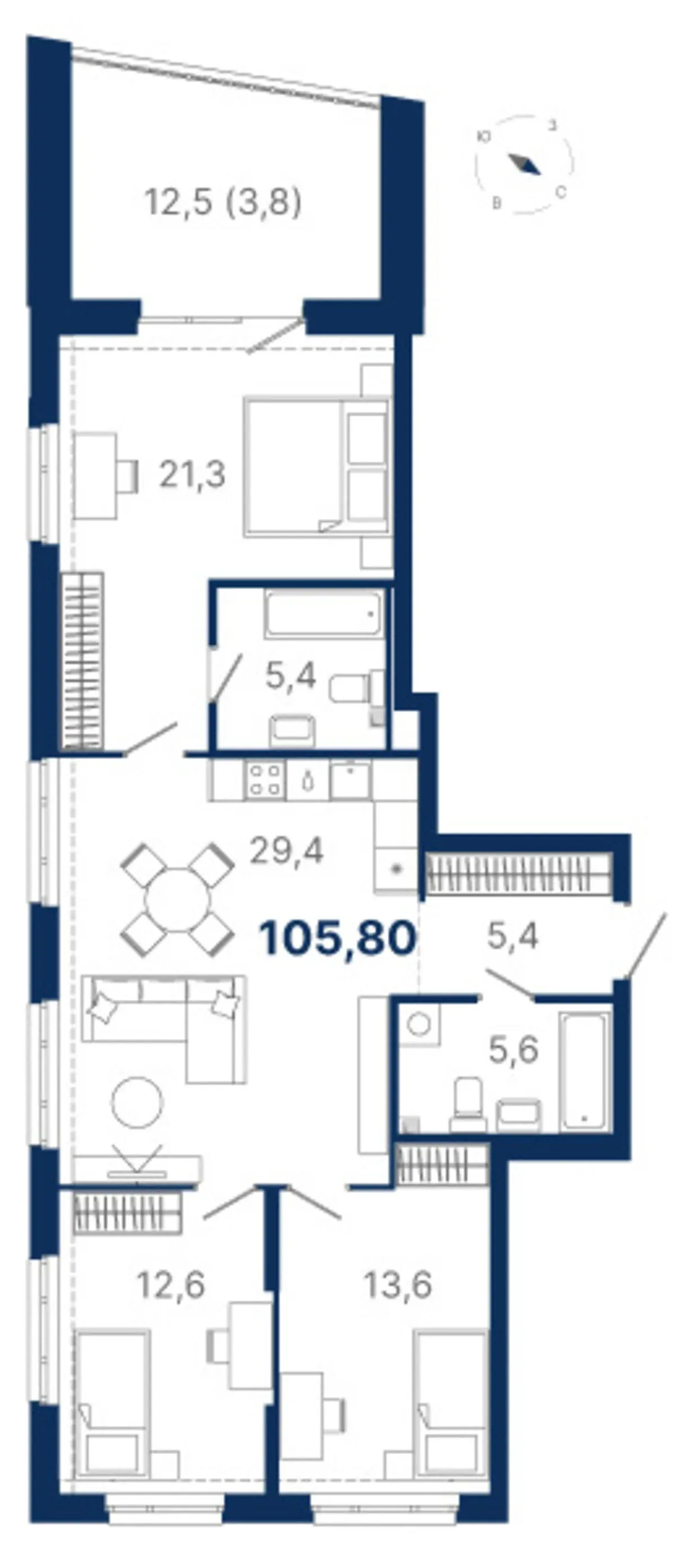 Планировка квартиры №3.2.8 в проекте Атлас Ауро Дом 3 3-комнатная 105.8 м² 2 этаж