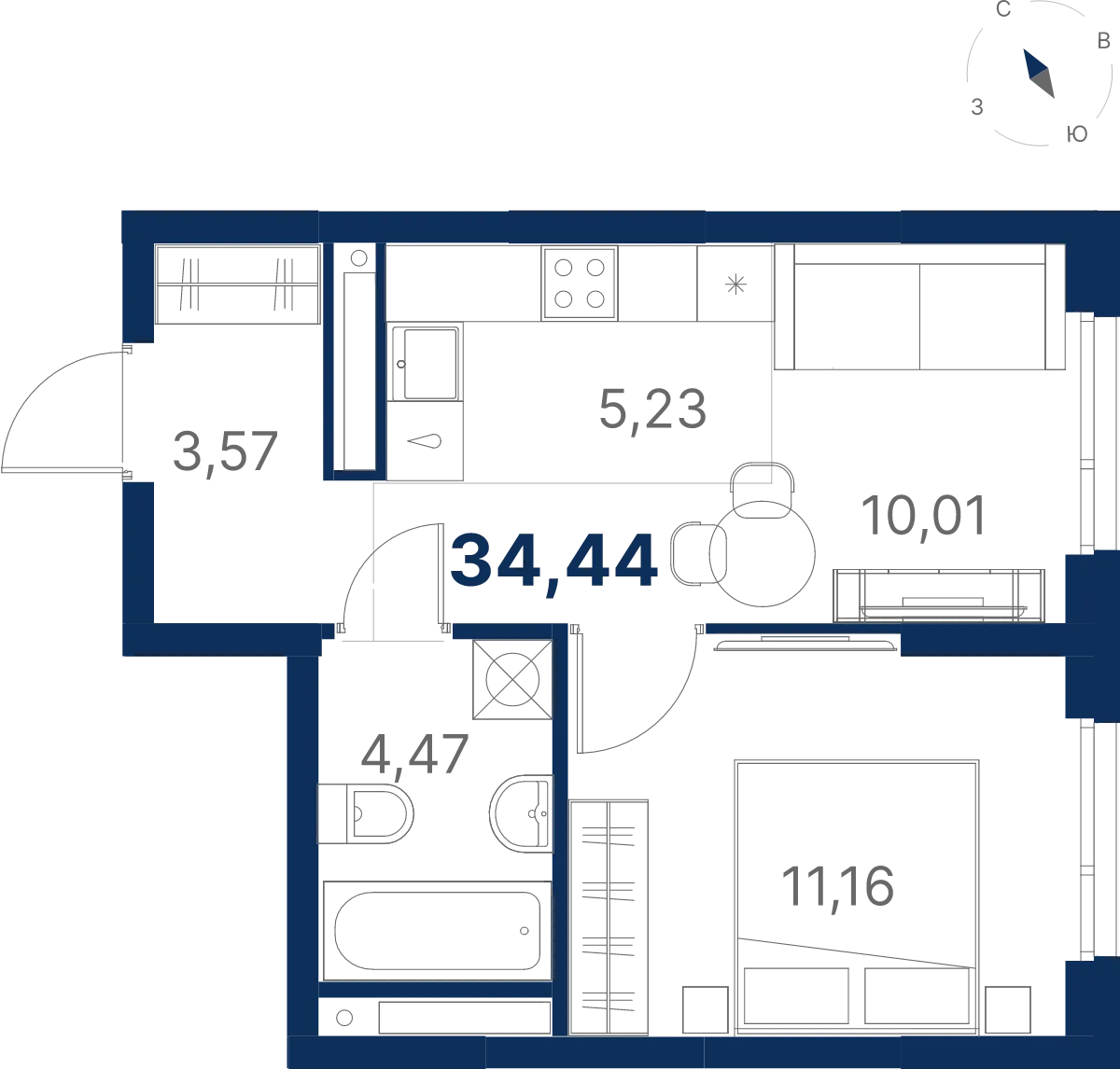 Планировка квартиры №3.27.5 в проекте Атлас Юник Дом 3 1-комнатная 34.45 м² 27 этаж