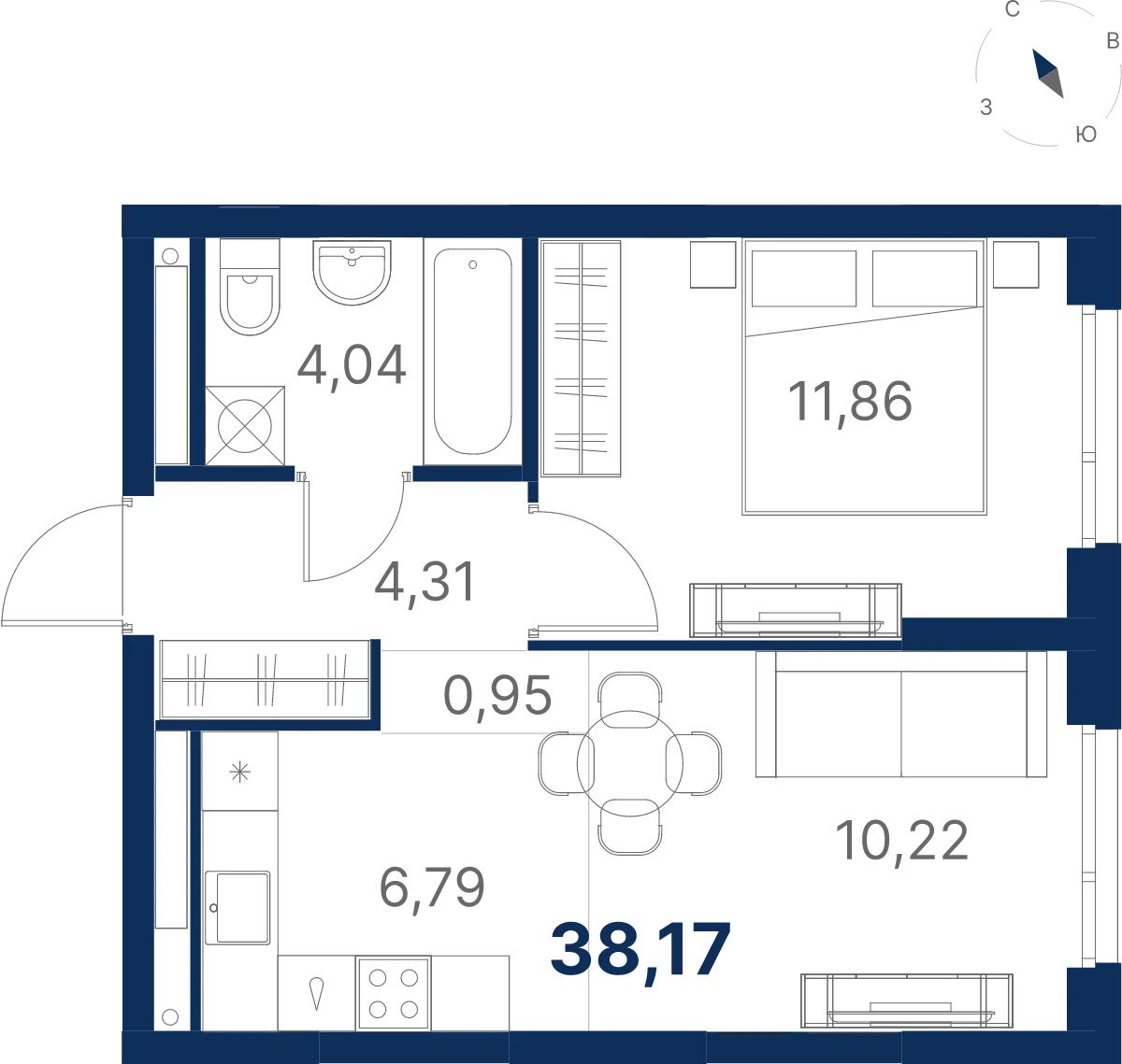 Планировка квартиры №3.27.4 в проекте Атлас Юник Дом 3 1-комнатная 38.18 м² 27 этаж