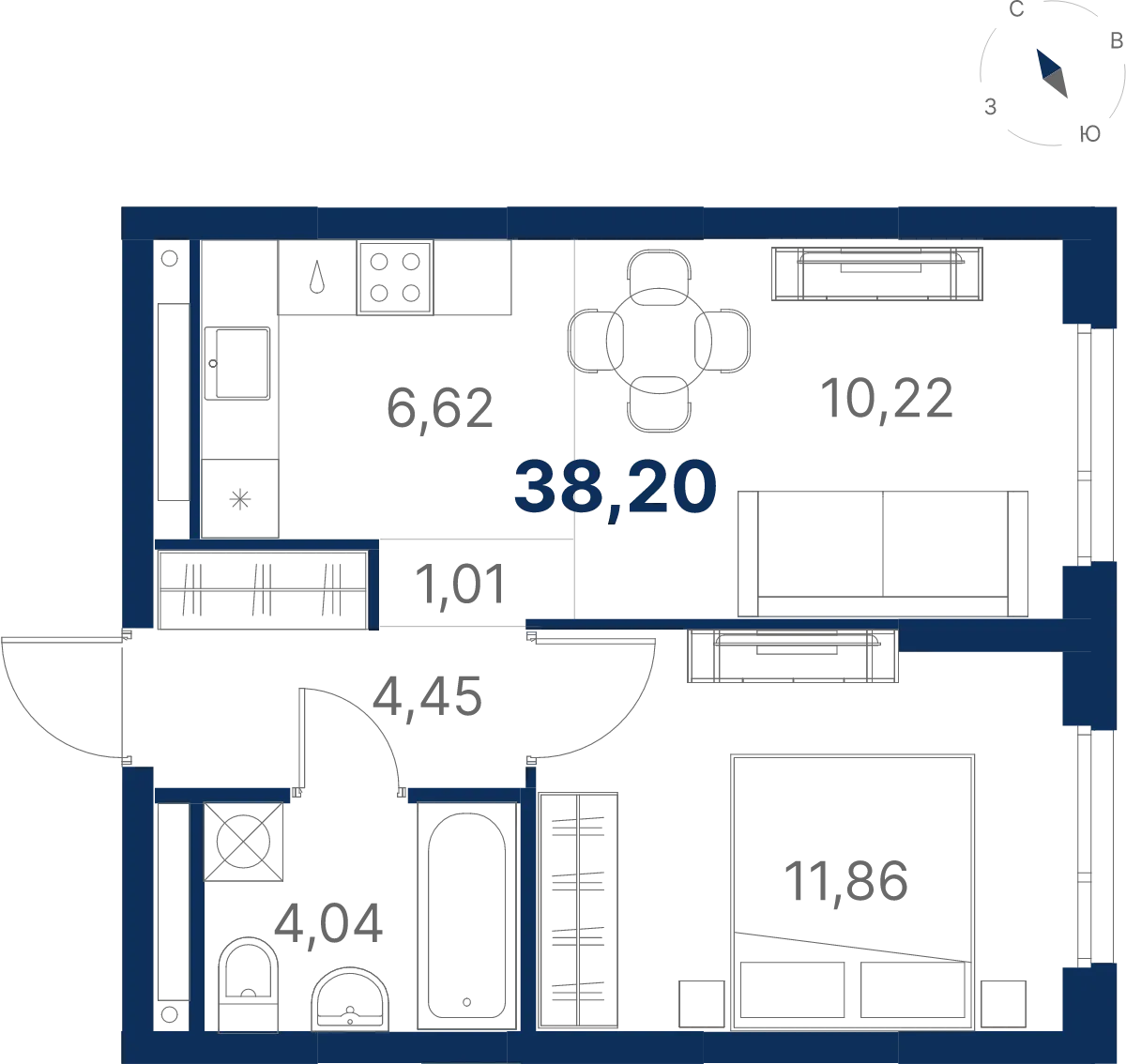 Планировка квартиры №3.27.3 в проекте Атлас Юник Дом 3 1-комнатная 38.2 м² 27 этаж