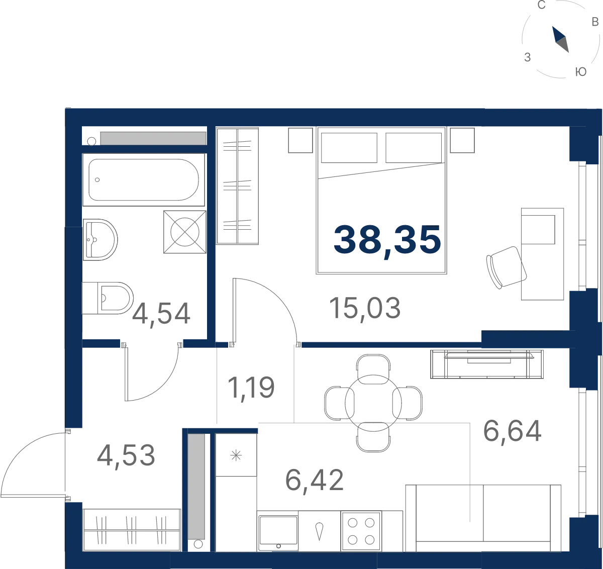 Планировка квартиры №3.27.2 в проекте Атлас Юник Дом 3 1-комнатная 38.35 м² 27 этаж