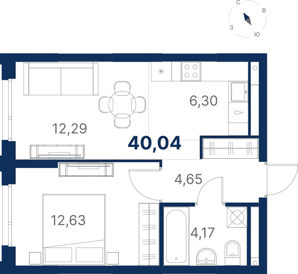 Планировка квартиры №3.28.11 в проекте Атлас Юник Дом 3 1-комнатная 40.04 м² 28 этаж