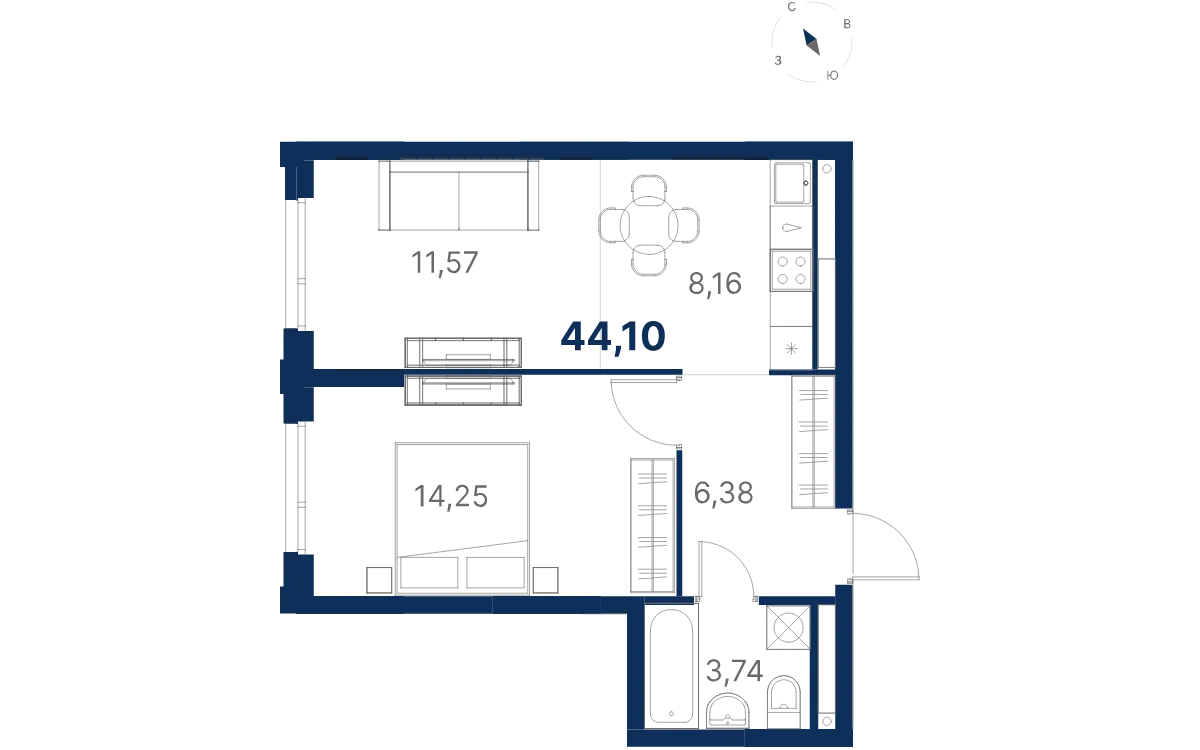 Планировка квартиры №3.26.10 в проекте Атлас Юник Дом 3 1-комнатная 44.76 м² 26 этаж