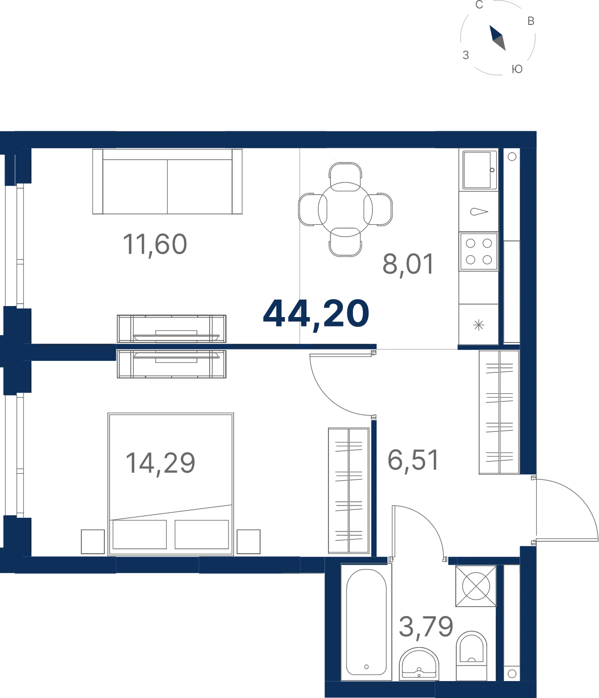 Планировка квартиры №3.28.10 в проекте Атлас Юник Дом 3 1-комнатная 44.83 м² 28 этаж