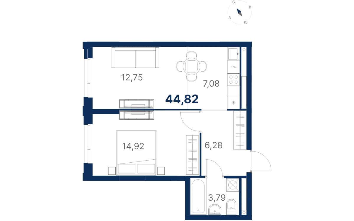 Планировка квартиры №3.4.10 в проекте Атлас Юник Дом 3 1-комнатная 44.83 м² 4 этаж
