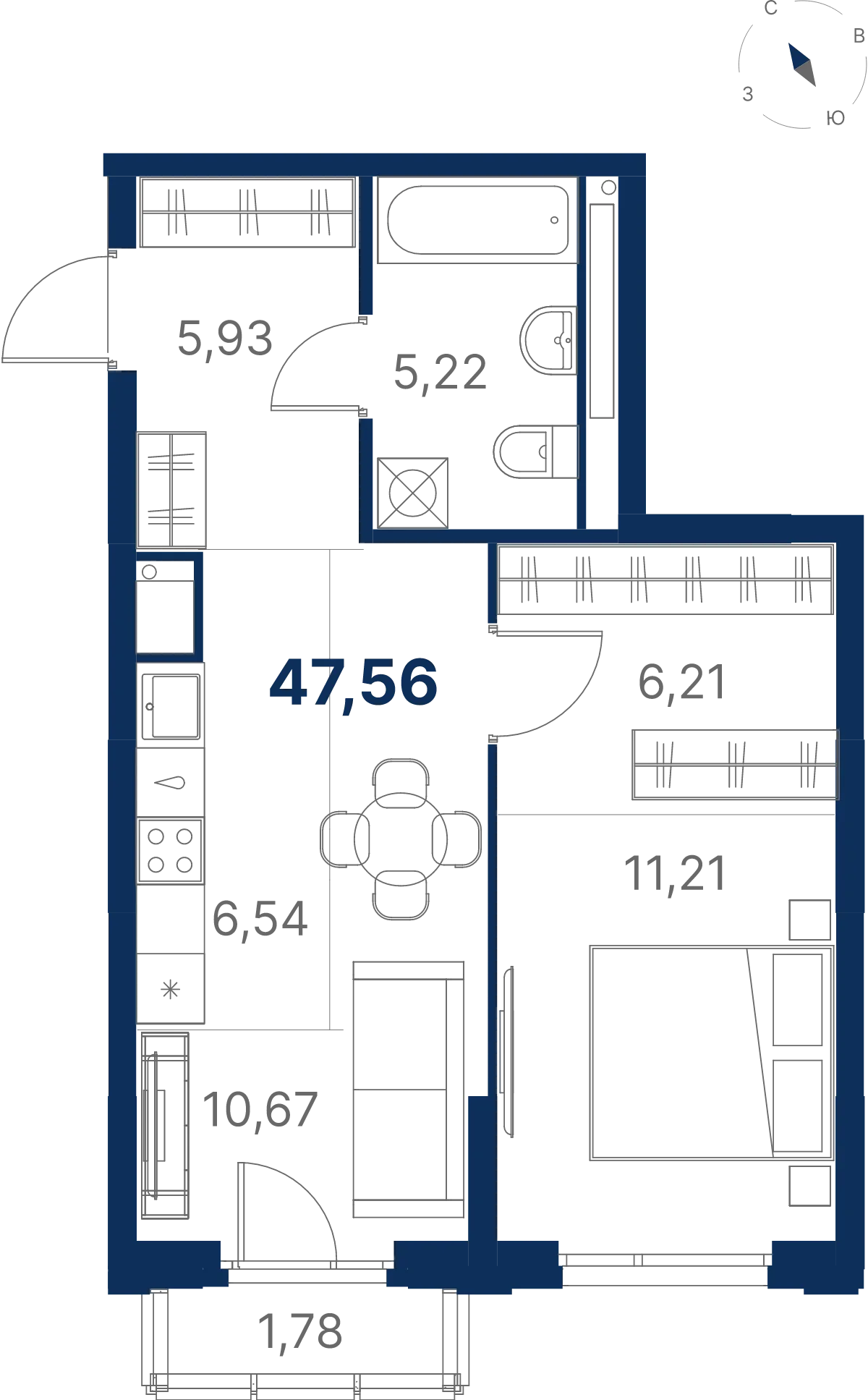 Планировка квартиры №3.27.7 в проекте Атлас Юник Дом 3 1-комнатная 47.73 м² 27 этаж
