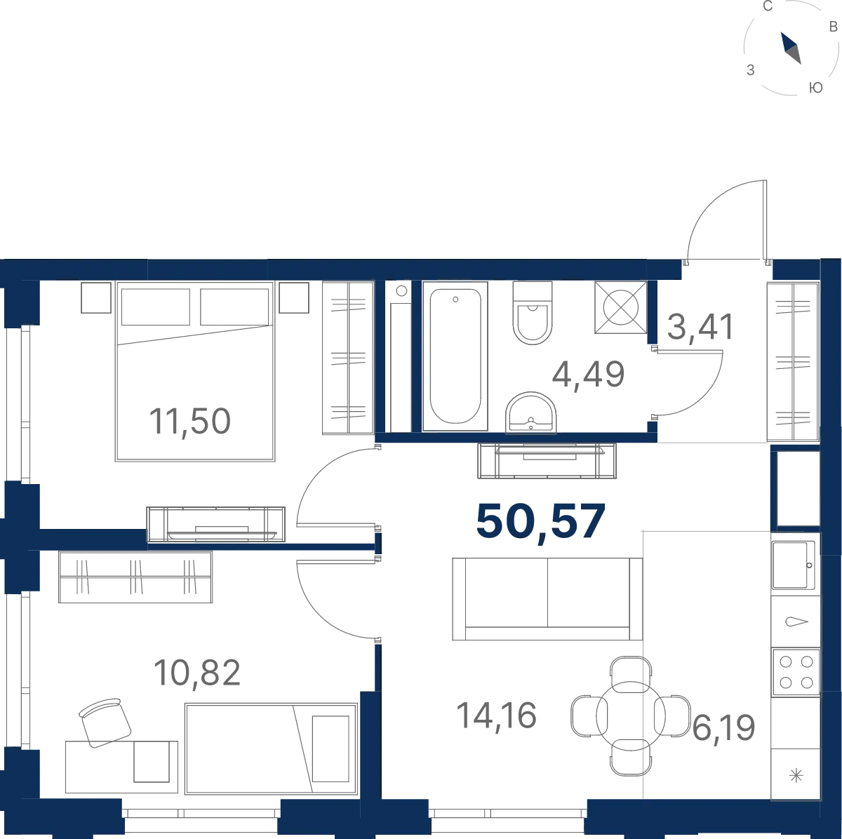 Планировка квартиры №3.28.8 в проекте Атлас Юник Дом 3 2-комнатная 50.57 м² 28 этаж