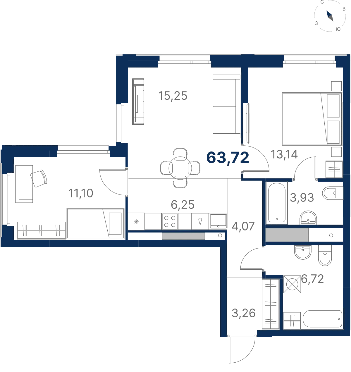 Планировка квартиры №3.28.13 в проекте Атлас Юник Дом 3 2-комнатная 63.72 м² 28 этаж