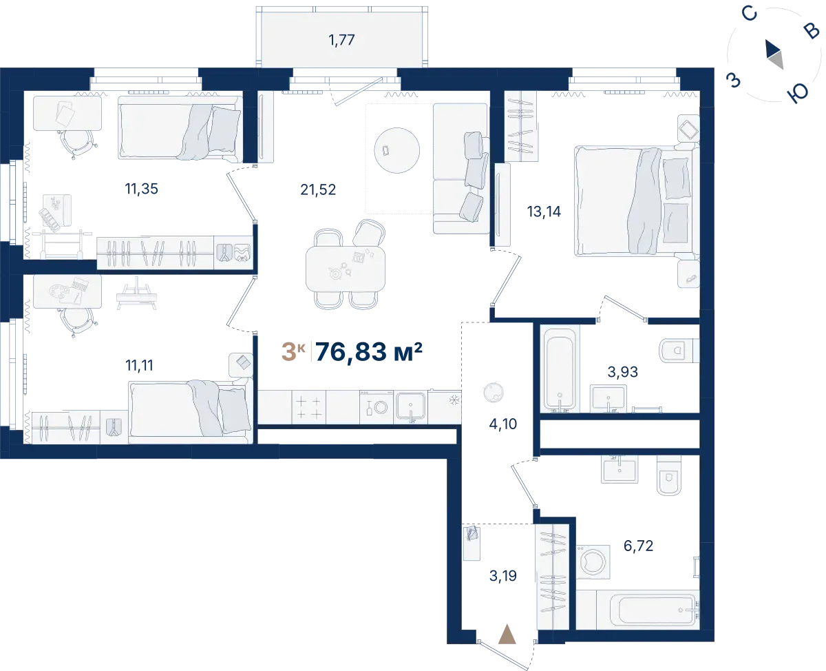 3-комнатная квартира 76.83 м² № 1.22.13