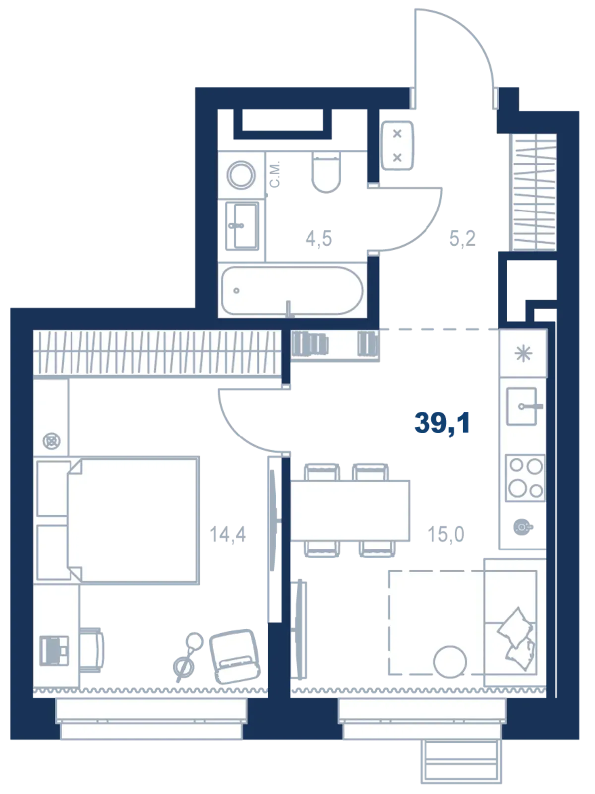 Планировка квартиры №С4.17.4 в проекте Атлас Ауро Дом 4 1-комнатная 39.1 м² 17 этаж