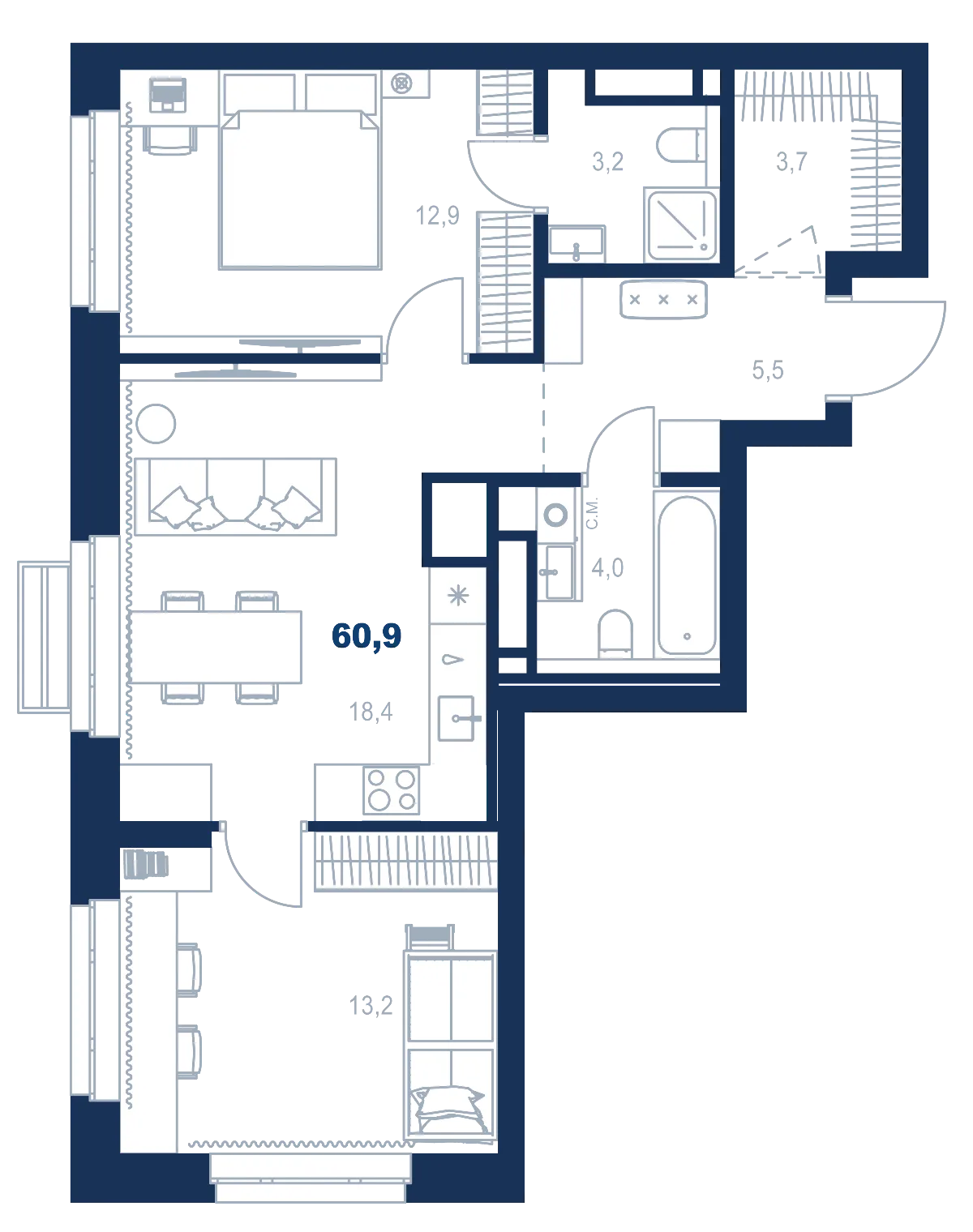Планировка квартиры №С4.17.5 в проекте Атлас Ауро Дом 4 2-комнатная 60.9 м² 17 этаж