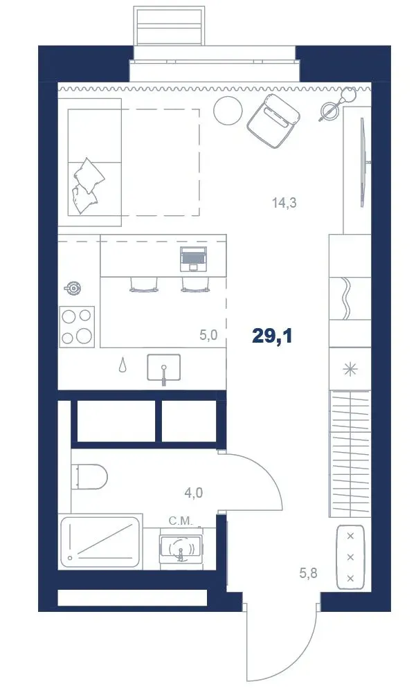Планировка квартиры №С4.23.8 в проекте Атлас Ауро Дом 4 Студия 29.1 м² 23 этаж