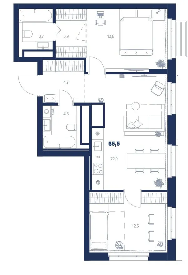 Планировка квартиры №С4.23.1 в проекте Атлас Ауро Дом 4 2-комнатная 65.5 м² 23 этаж