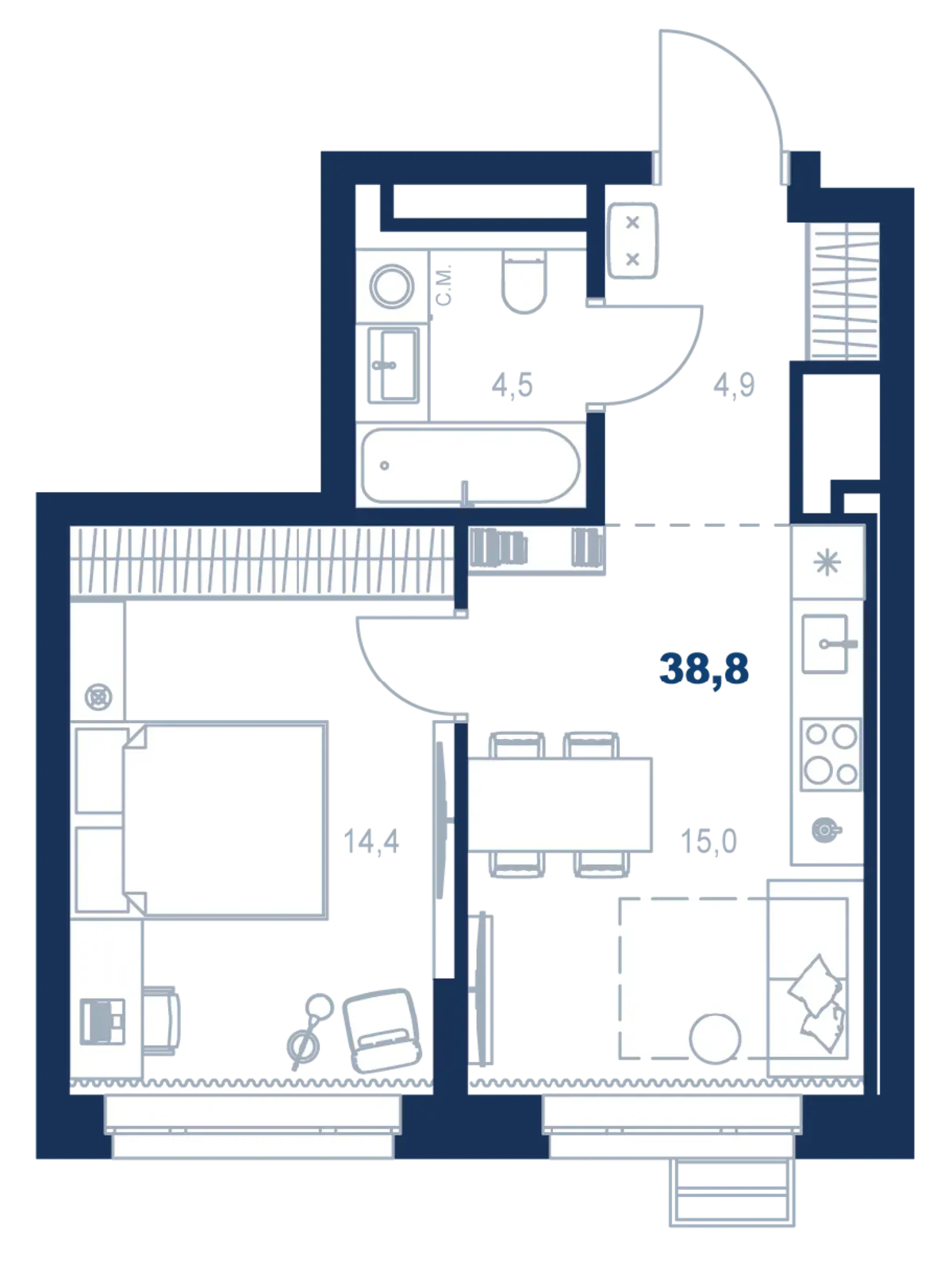 Планировка квартиры №С4.32.4 в проекте Атлас Ауро Дом 4 1-комнатная 38.8 м² 32 этаж