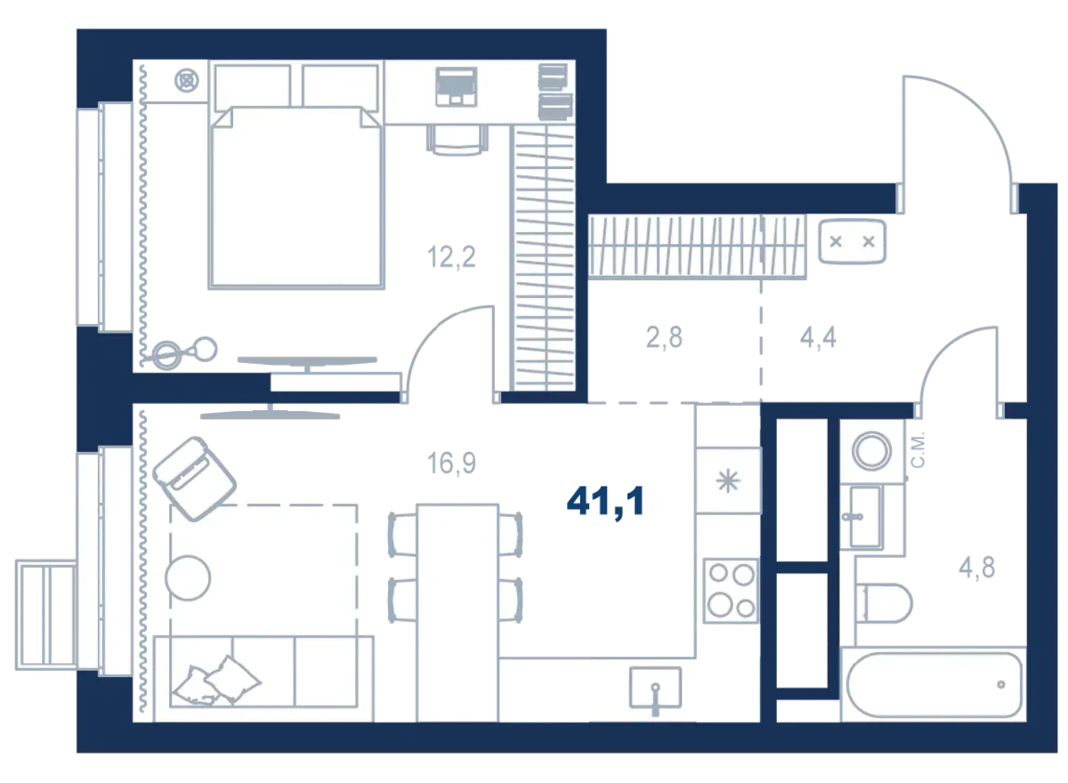 Планировка квартиры №С4.30.6 в проекте Атлас Ауро Дом 4 1-комнатная 41.1 м² 30 этаж