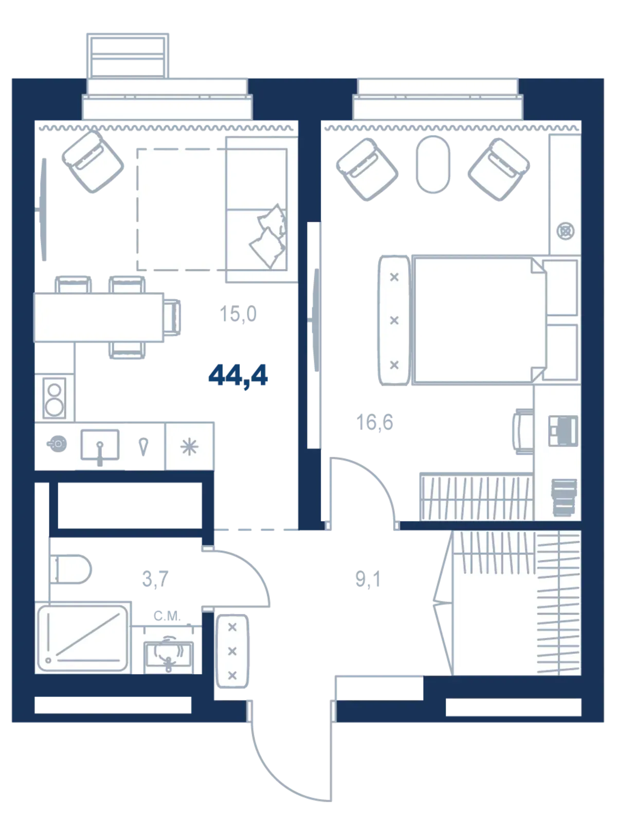 Планировка квартиры №С4.26.9 в проекте Атлас Ауро Дом 4 1-комнатная 44.4 м² 26 этаж