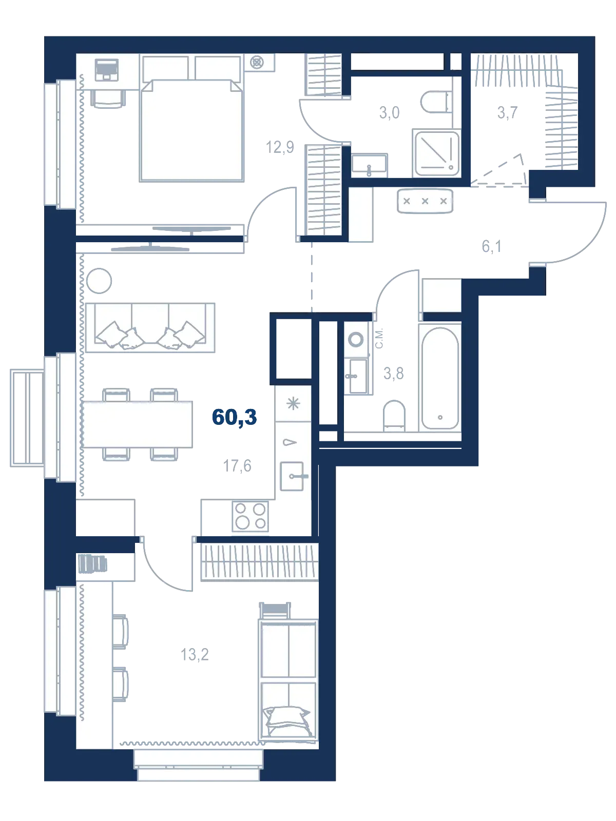 Планировка квартиры №С4.27.5 в проекте Атлас Ауро Дом 4 2-комнатная 60.3 м² 27 этаж