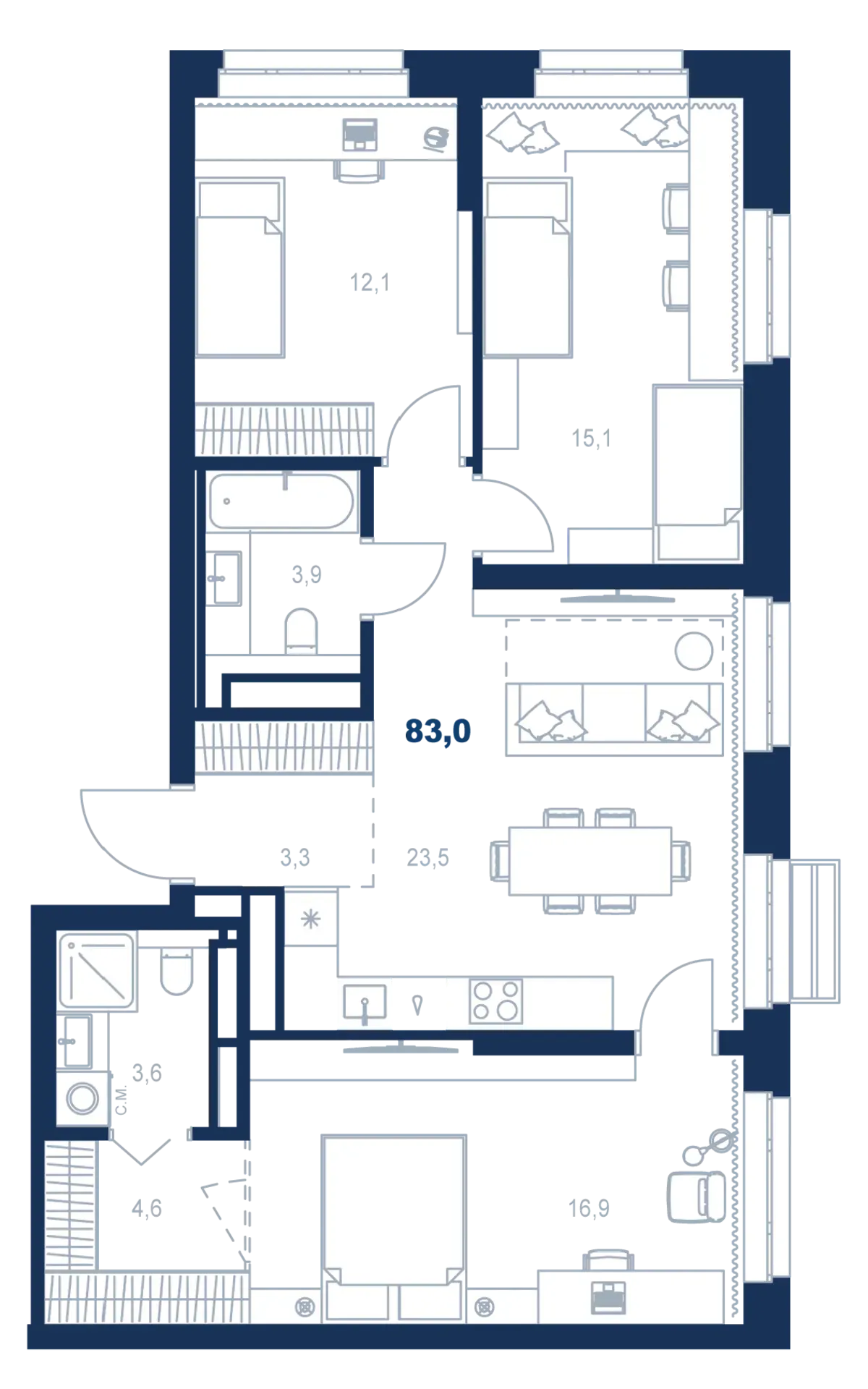 Планировка квартиры №С4.27.10 в проекте Атлас Ауро Дом 4 3-комнатная 83 м² 27 этаж