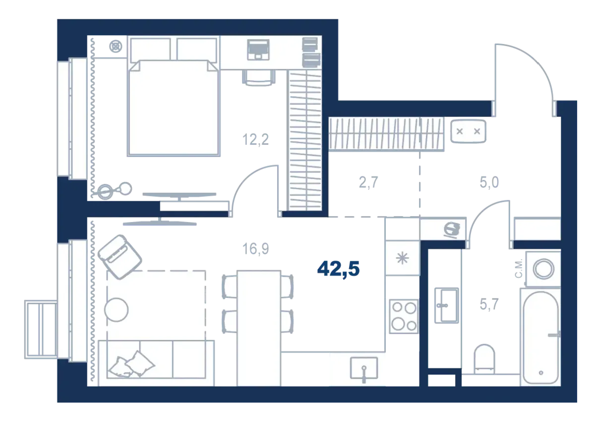 Планировка квартиры №С4.2.3 в проекте Атлас Ауро Дом 4 1-комнатная 42.5 м² 2 этаж