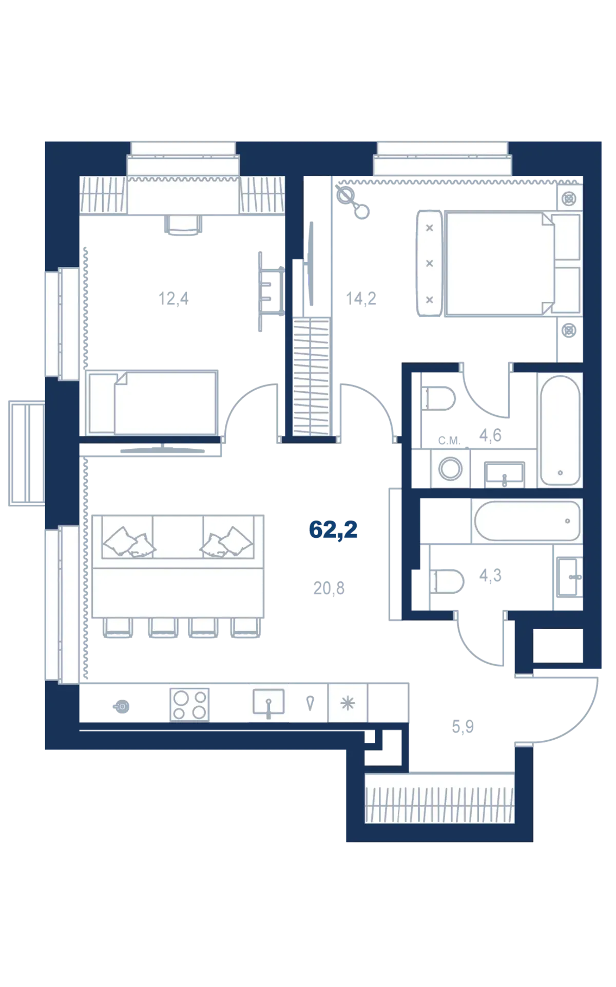 Планировка квартиры №С4.2.4 в проекте Атлас Ауро Дом 4 2-комнатная 62.2 м² 2 этаж
