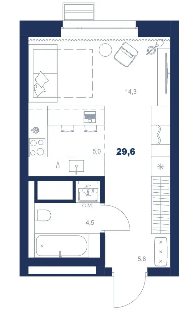 Планировка квартиры №С4.6.8 в проекте Атлас Ауро Дом 4 Студия 29.6 м² 6 этаж