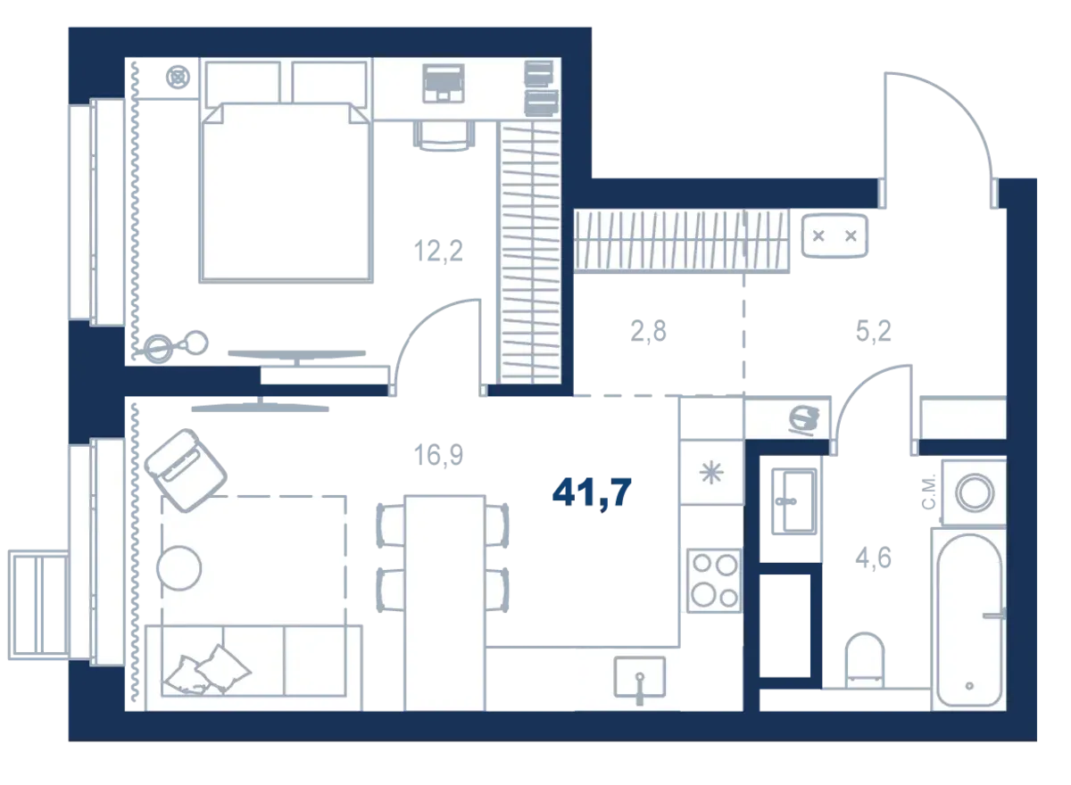 Планировка квартиры №С4.22.6 в проекте Атлас Ауро Дом 4 1-комнатная 41.7 м² 22 этаж