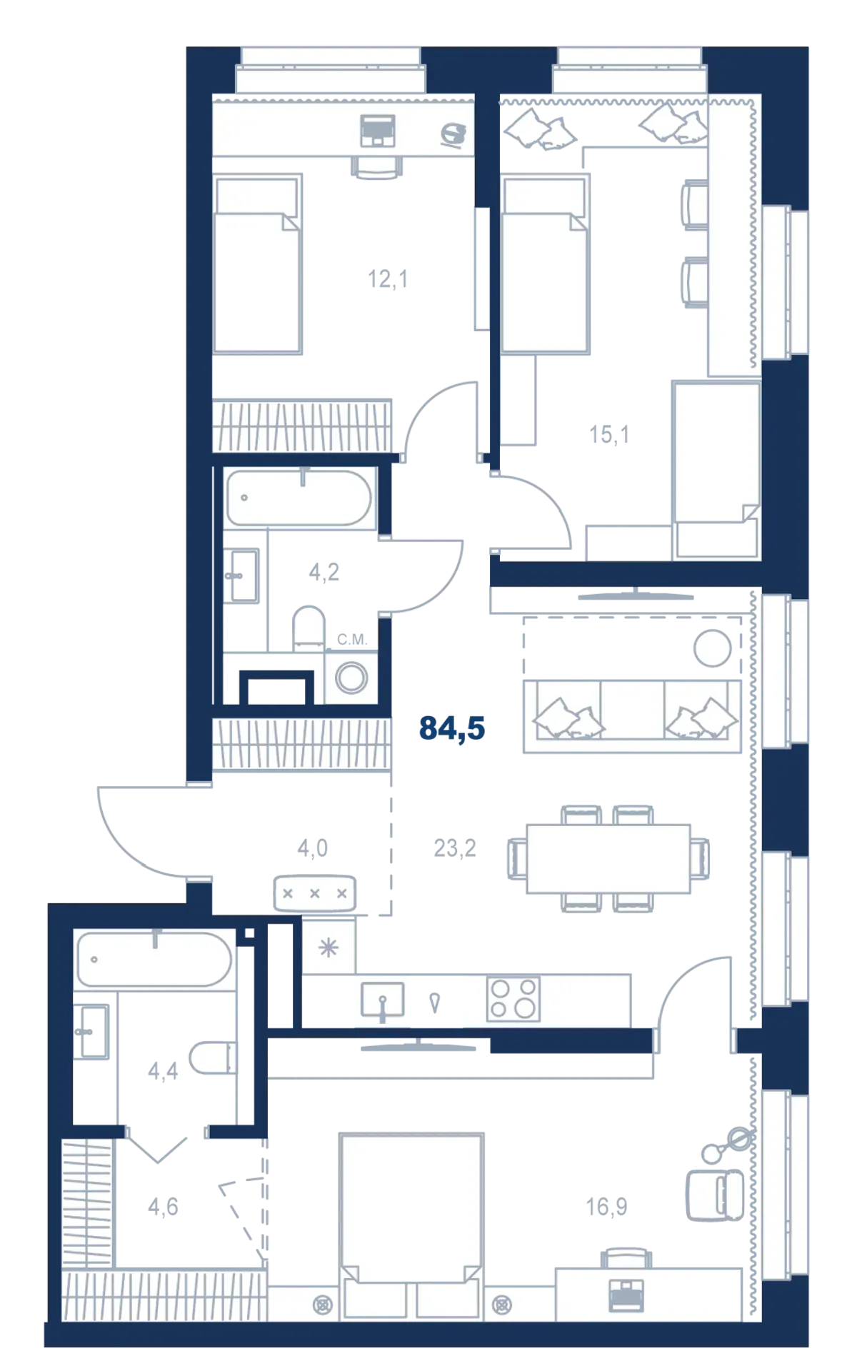 Планировка квартиры №С4.3.9 в проекте Атлас Ауро Дом 4 3-комнатная 84.5 м² 3 этаж