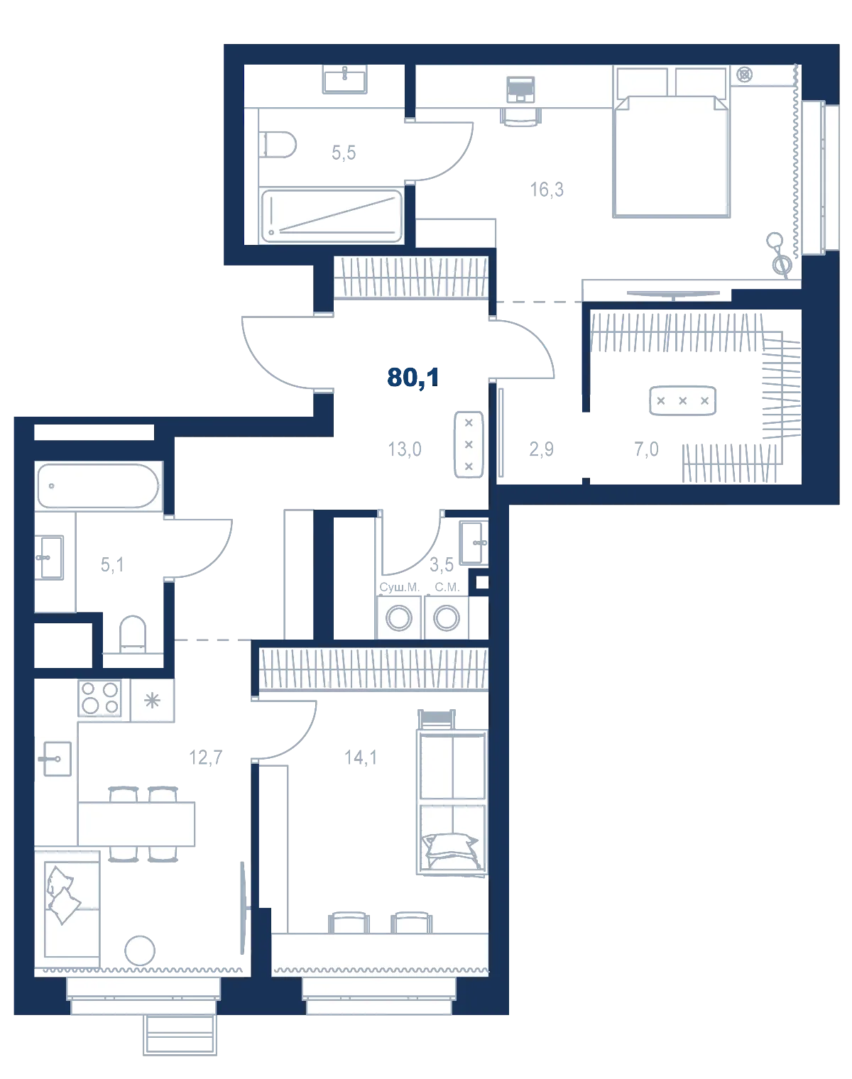 Планировка квартиры №С4.3.1 в проекте Атлас Ауро Дом 4 2-комнатная 80.1 м² 3 этаж