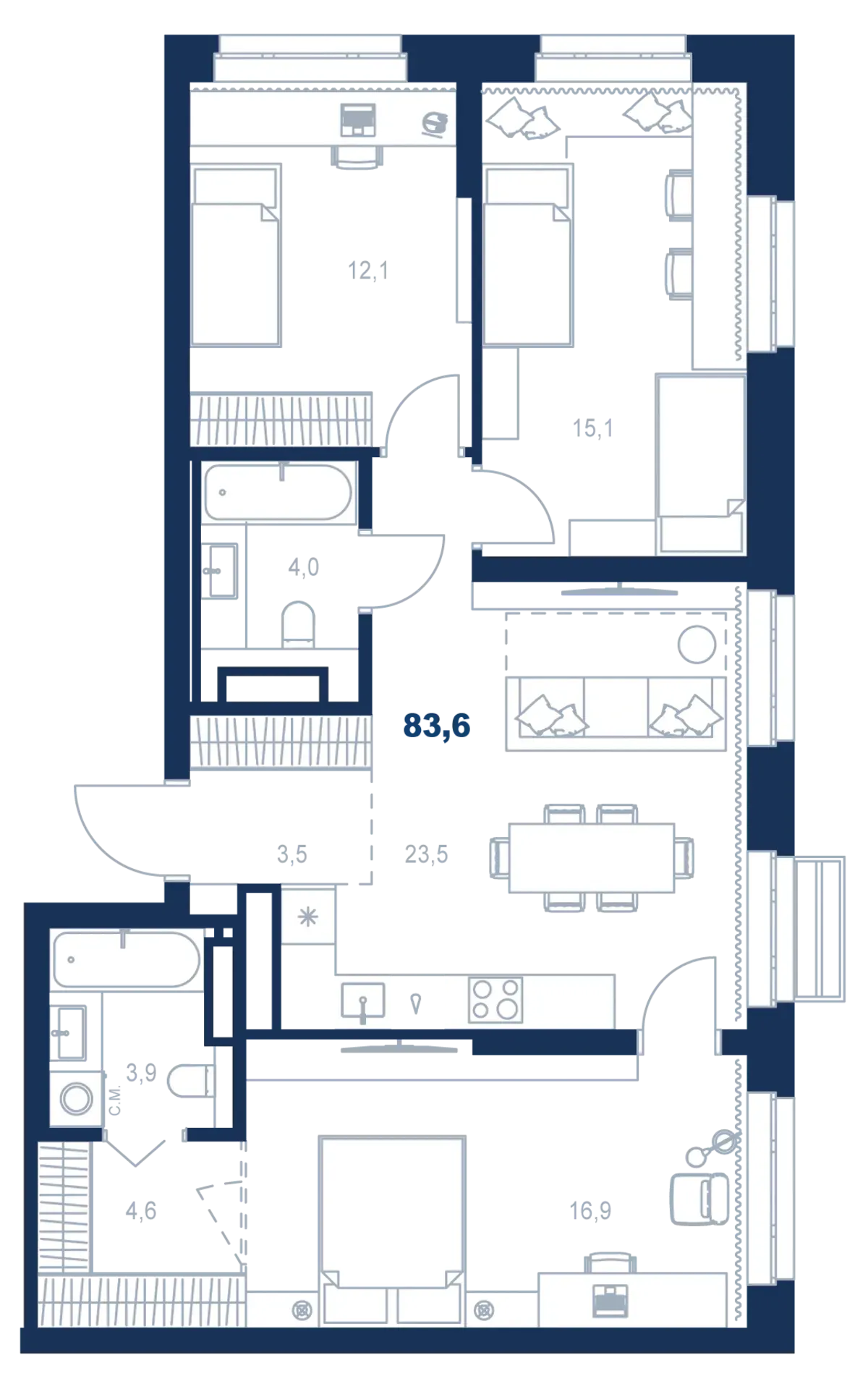 Планировка квартиры №С4.21.10 в проекте Атлас Ауро Дом 4 3-комнатная 83.6 м² 21 этаж