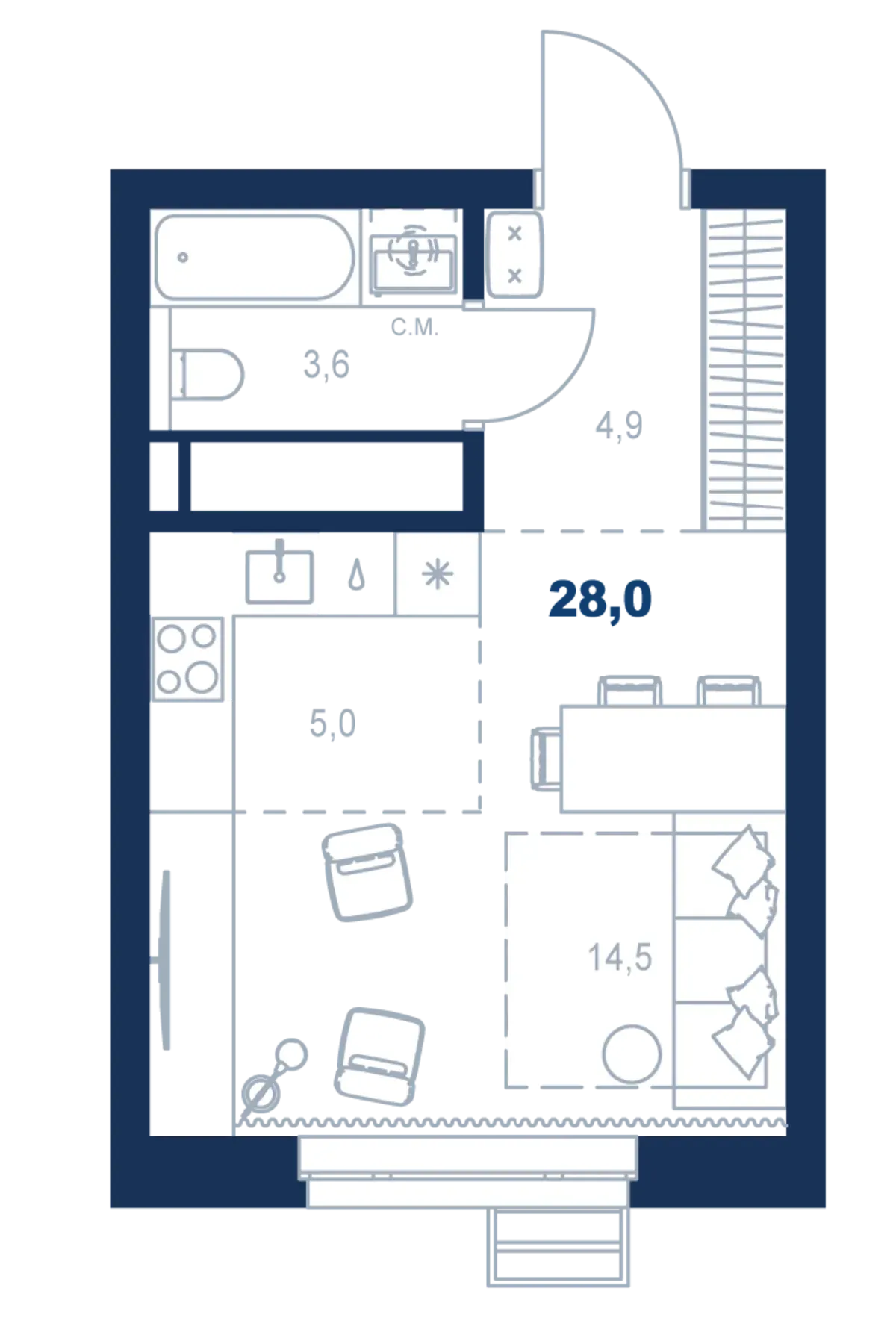 Планировка квартиры №С5.15.7 в проекте Атлас Ауро Дом 5 Студия 28 м² 15 этаж