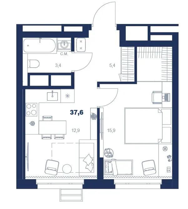 Планировка квартиры №С5.23.6 в проекте Атлас Ауро Дом 5 1-комнатная 37.6 м² 23 этаж