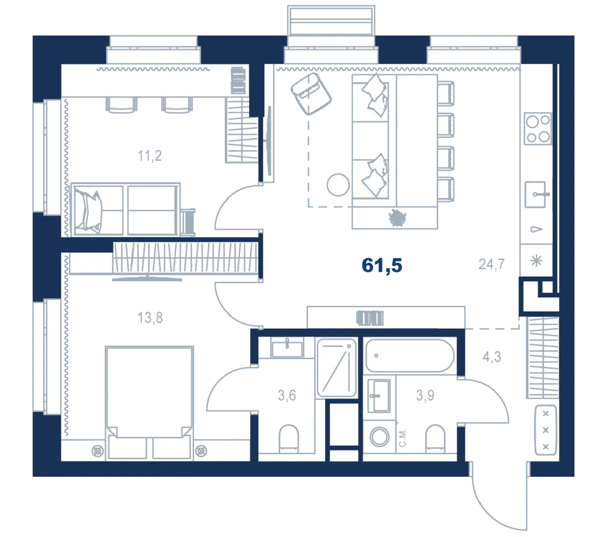 Планировка квартиры №С5.3.9 в проекте Атлас Ауро Дом 5 2-комнатная 61.5 м² 3 этаж