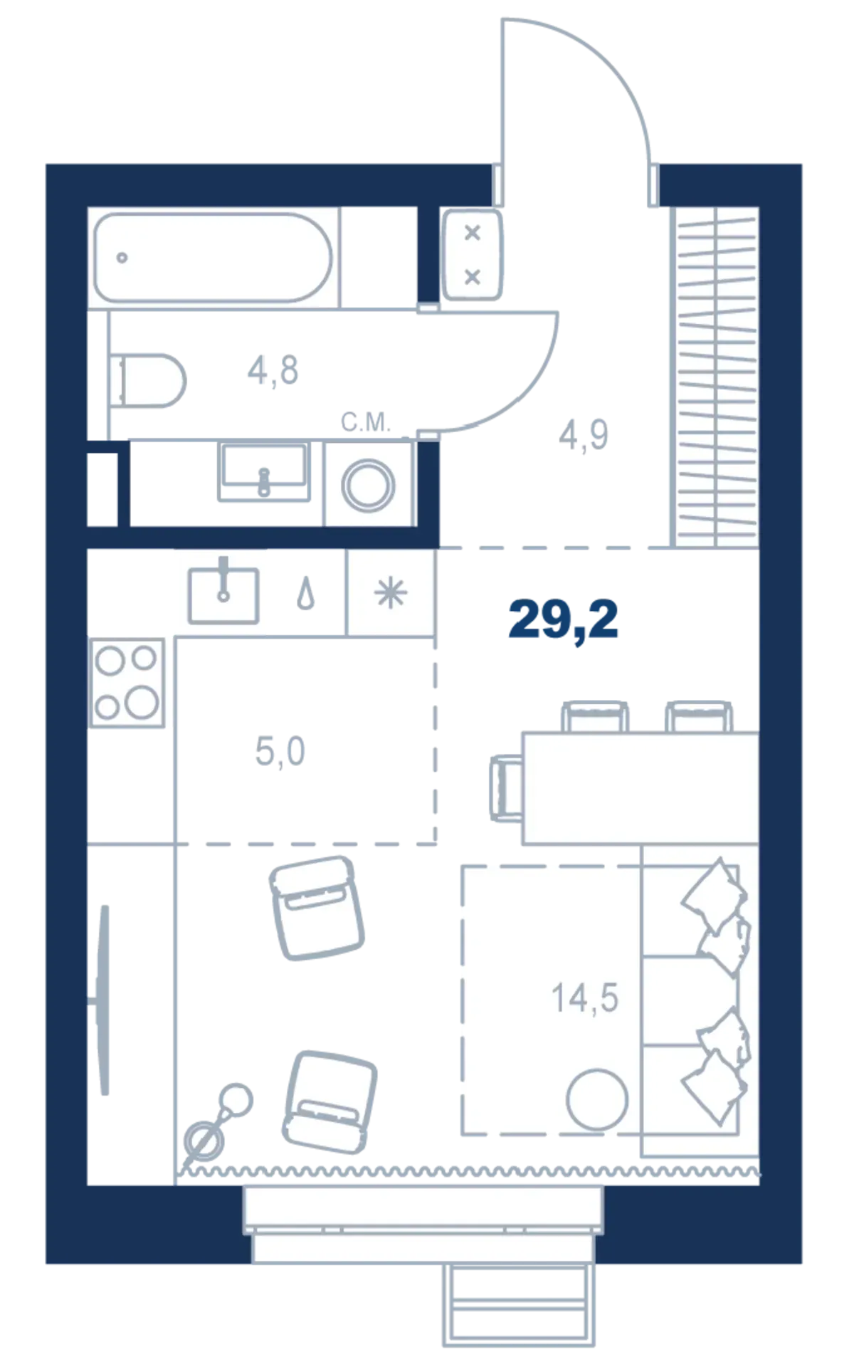 Планировка квартиры №С5.2.5 в проекте Атлас Ауро Дом 5 Студия 29.2 м² 2 этаж