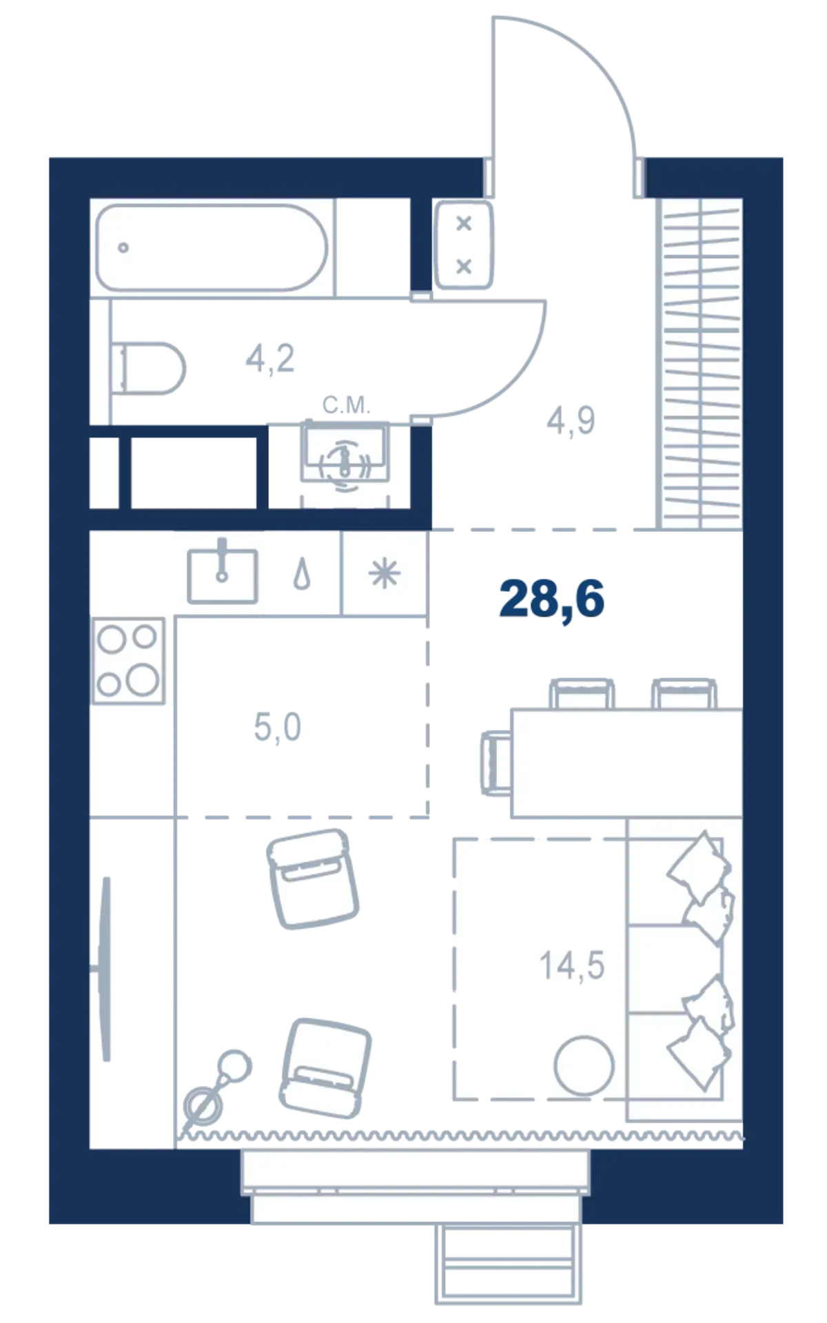 Планировка квартиры №С5.5.7 в проекте Атлас Ауро Дом 5 Студия 28.6 м² 5 этаж