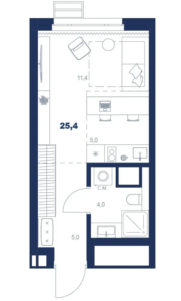 Планировка квартиры №С5.12.11 в проекте Атлас Ауро Дом 5 Студия 25.4 м² 12 этаж