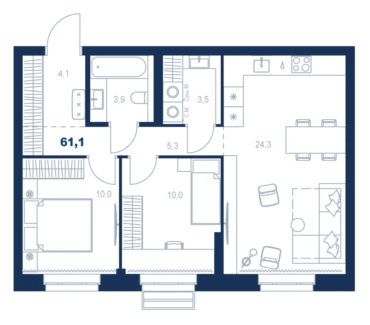Планировка квартиры №С5.3.3 в проекте Атлас Ауро Дом 5 2-комнатная 61.1 м² 3 этаж