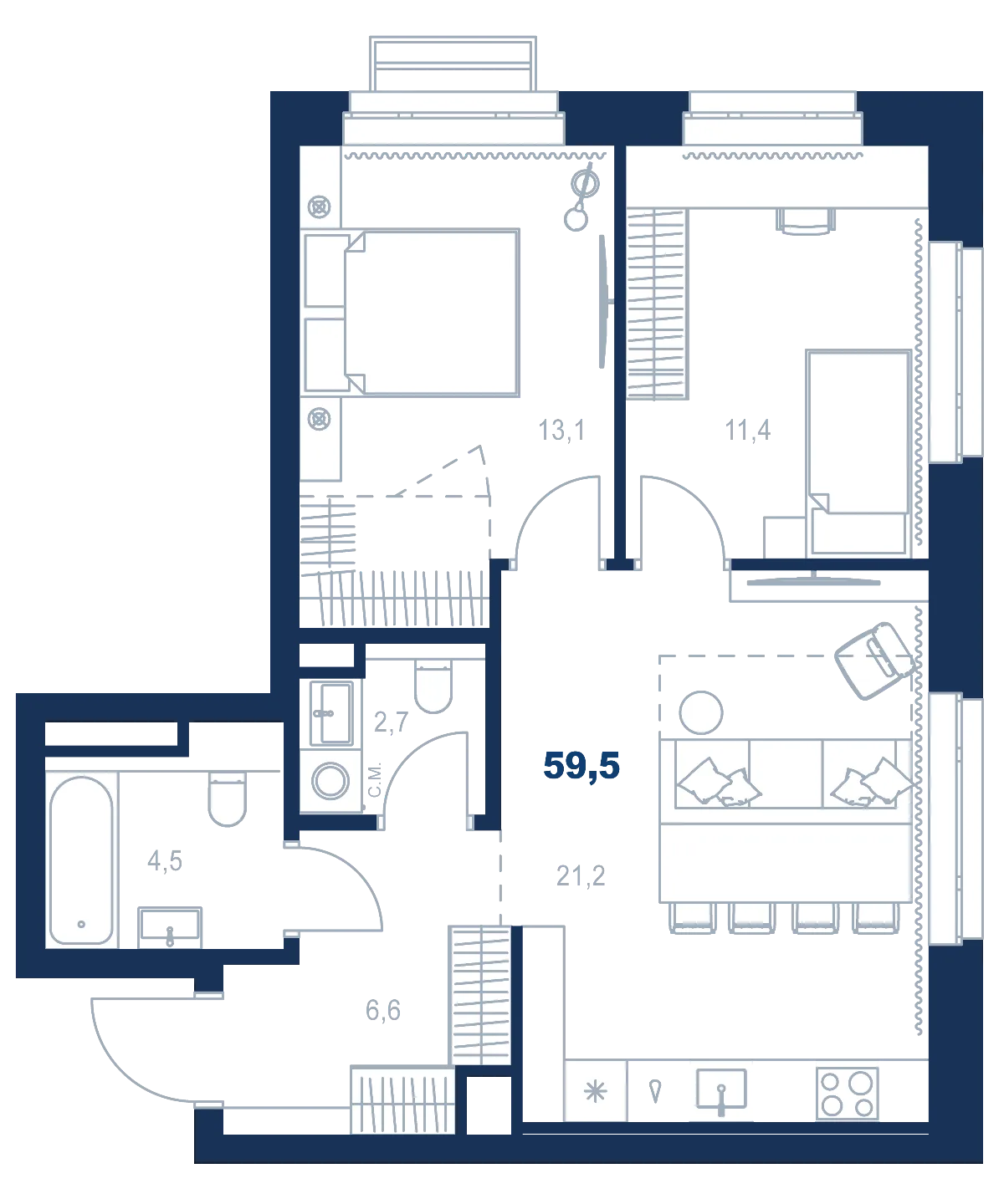 Планировка квартиры №С5.8.2 в проекте Атлас Ауро Дом 5 2-комнатная 59.5 м² 8 этаж