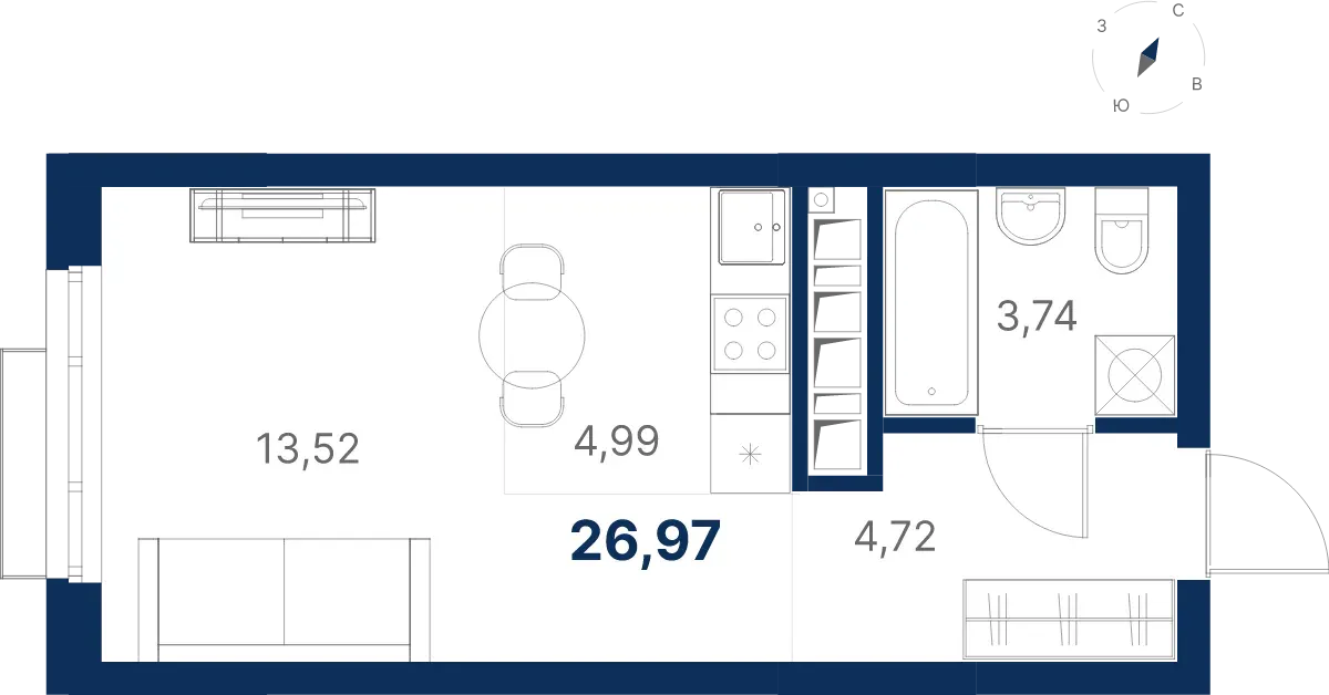 Планировка квартиры №1.21.8 в проекте Атлас Ривер Дом 1 Студия 26.97 м² 21 этаж