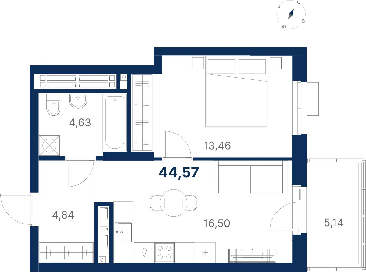 Планировка квартиры №1.22.2 в проекте Атлас Ривер Дом 1 1-комнатная 44.57 м² 22 этаж