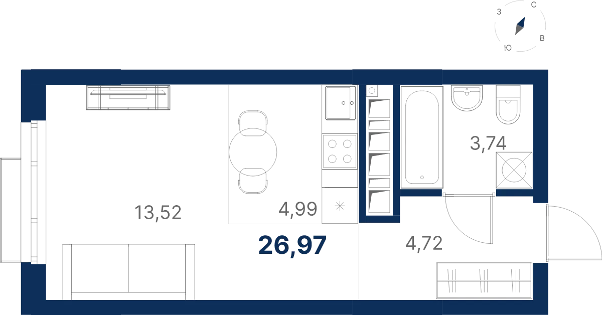 Планировка квартиры №1.23.8 в проекте Атлас Ривер Дом 1 Студия 26.97 м² 23 этаж