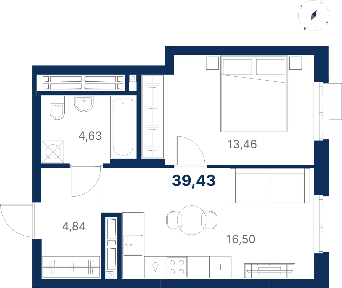 Планировка квартиры №1.18.2 в проекте Атлас Ривер Дом 1 1-комнатная 39.43 м² 18 этаж