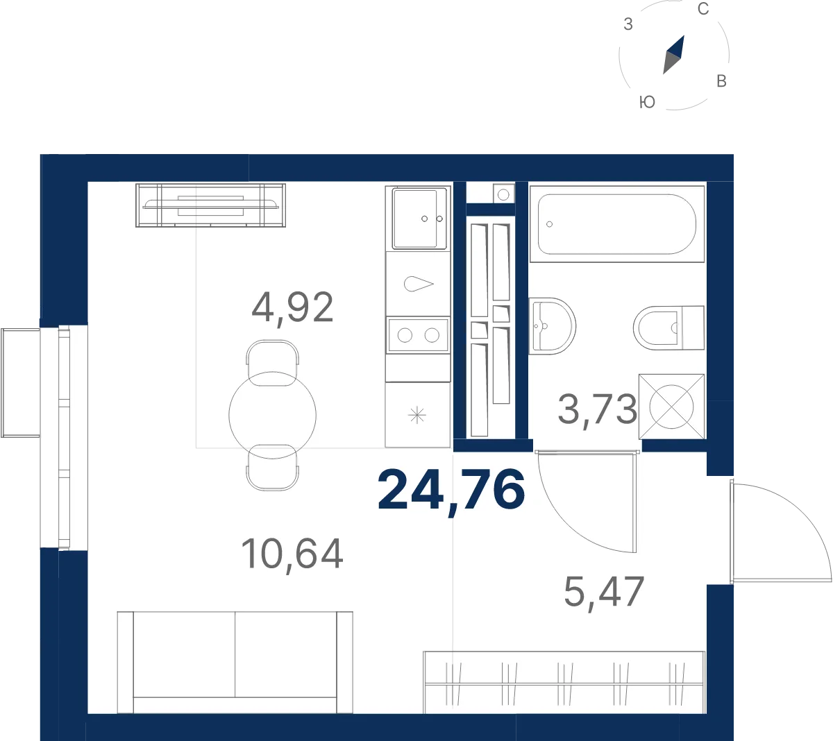 Планировка квартиры №2.22.11 в проекте Атлас Ривер Дом 2 Студия 24.76 м² 22 этаж