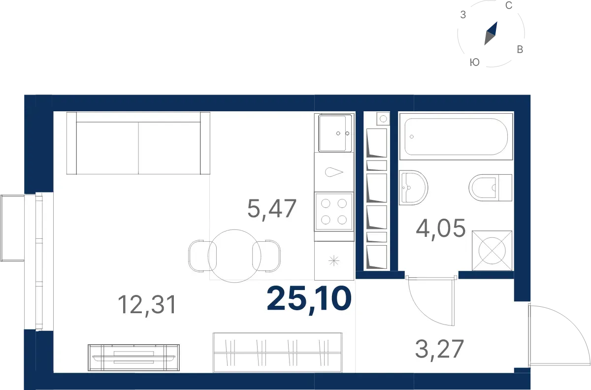 Планировка квартиры №2.13.2 в проекте Атлас Ривер Дом 2 Студия 25.1 м² 13 этаж