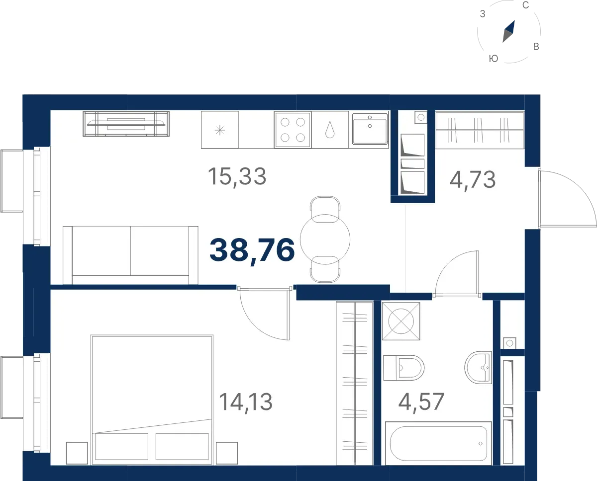 Планировка квартиры №2.3.1 в проекте Атлас Ривер Дом 2 1-комнатная 38.76 м² 3 этаж