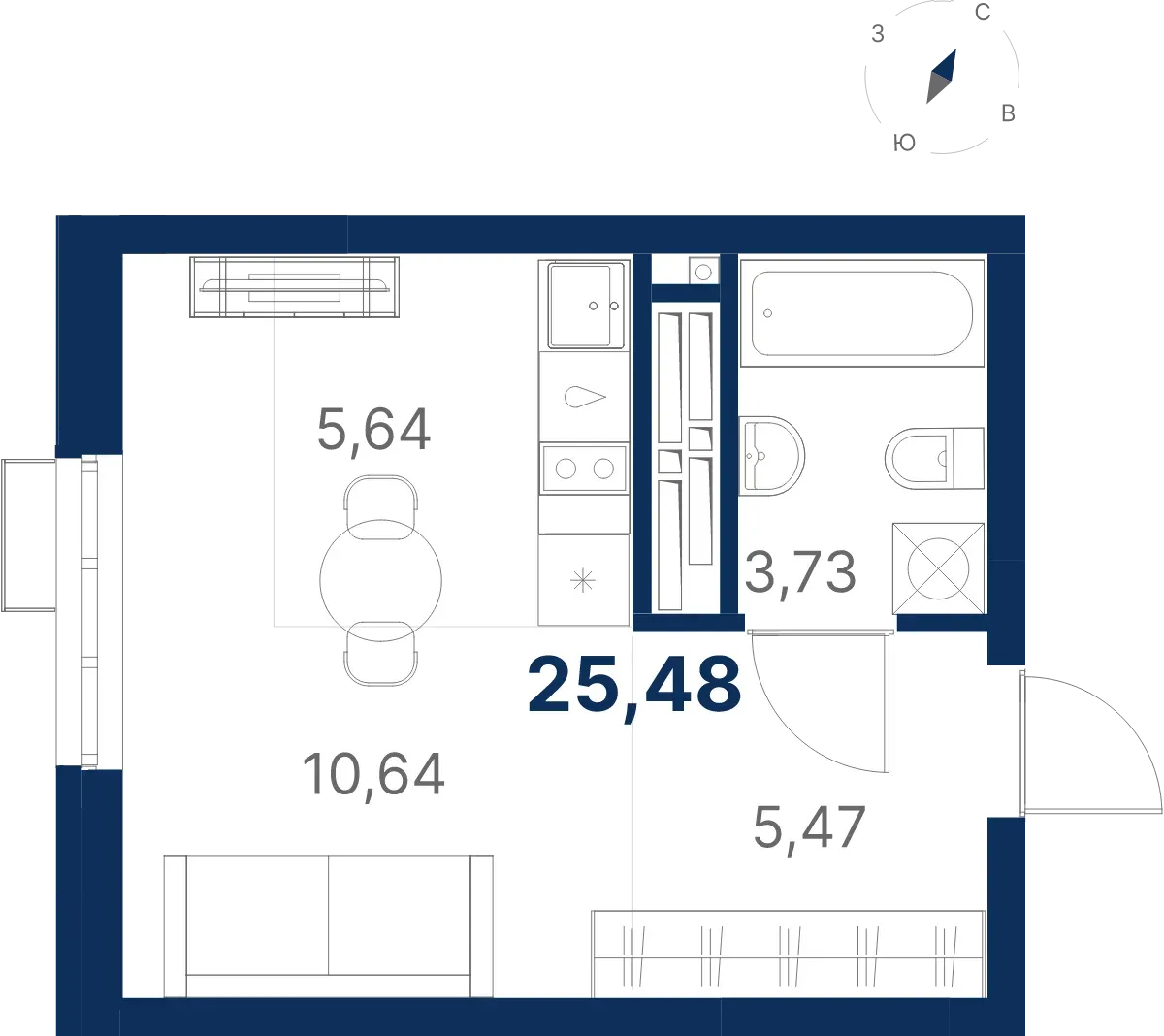 Планировка квартиры №2.25.11 в проекте Атлас Ривер Дом 2 Студия 25.48 м² 25 этаж