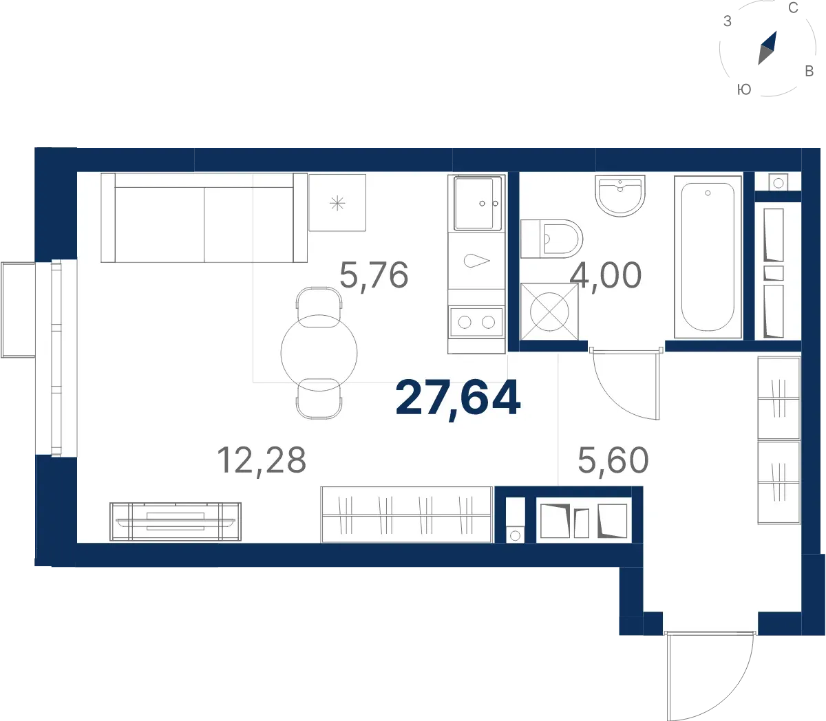Планировка квартиры №2.16.12 в проекте Атлас Ривер Дом 2 Студия 27.64 м² 16 этаж