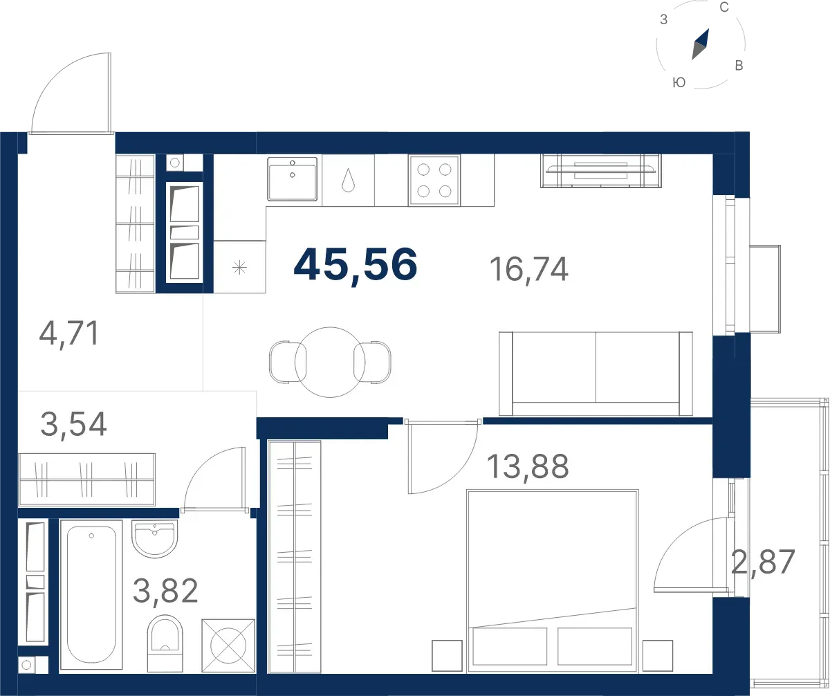 Планировка квартиры №2.25.6 в проекте Атлас Ривер Дом 2 1-комнатная 45.56 м² 25 этаж